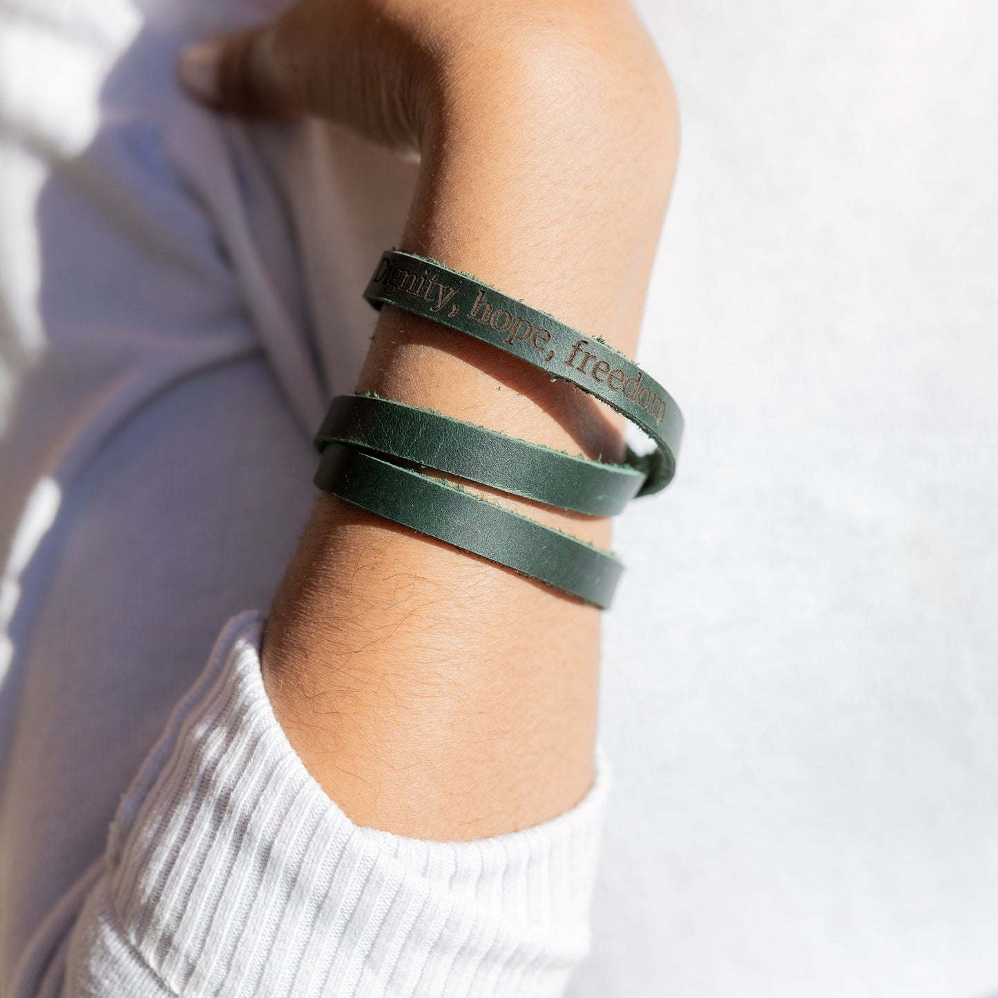 Hope, Dignity, Freedom Leather Bracelet