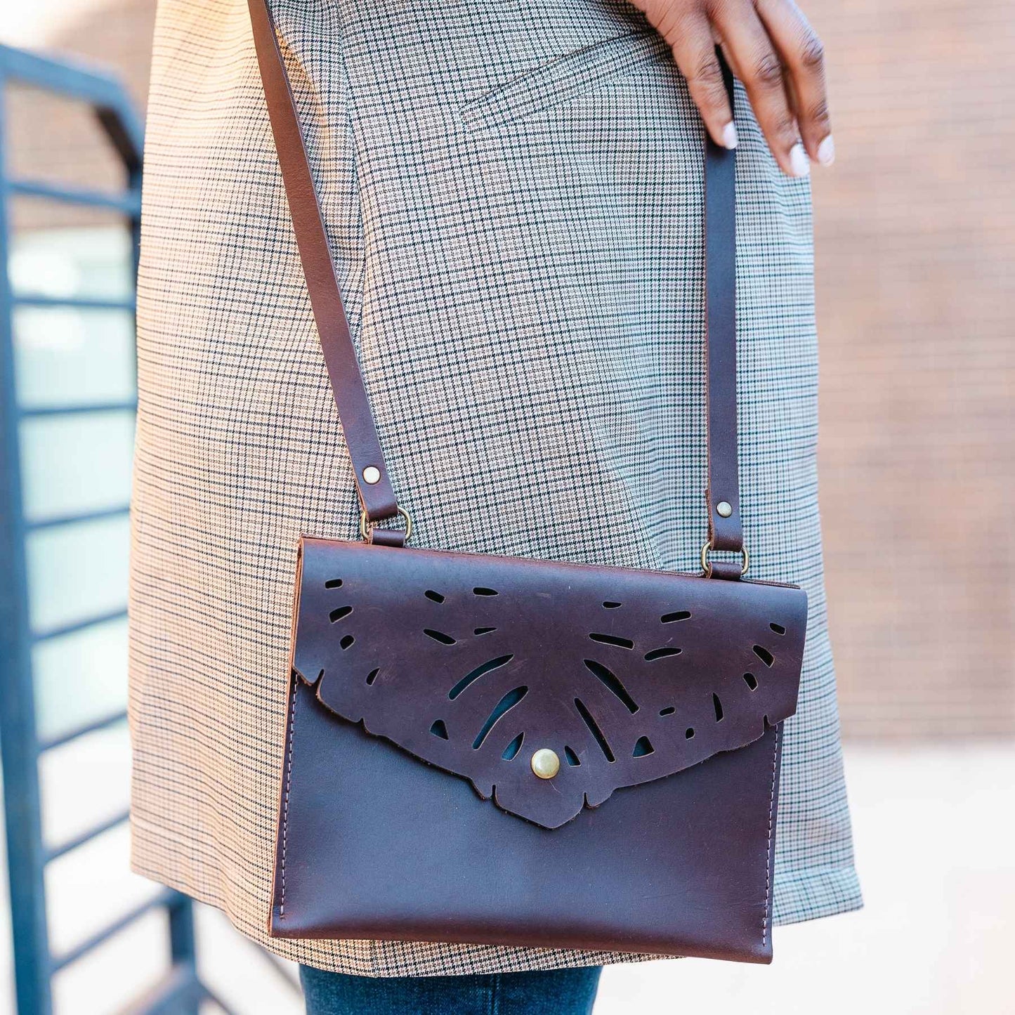 Monstera Leather Crossbody Purse Brown